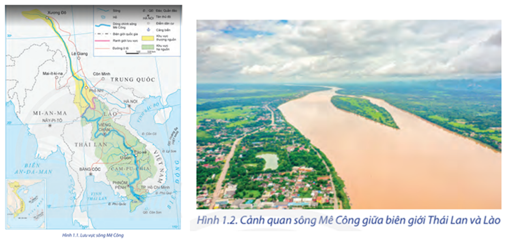Dựa vào hình 1.1, hình 1.2 và thông tin trong bài, hãy nêu khái quát về lưu vực sông Mê Công.  (ảnh 1)