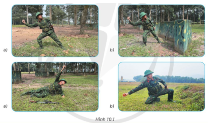Hình 10.1 mô tả một số động tác ném lựu đạn. Theo em, các động tác có trong hình được thực hiện ở các tư thế nào của chiến sĩ? (ảnh 1)