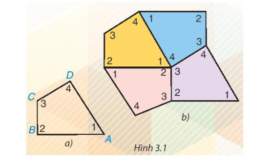 Cắt bốn tứ giác như nhau bằng giấy rồi đánh số bốn góc của mỗi tứ giác như tứ giác ABCD trong (ảnh 1)