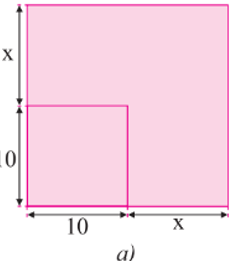 a) Một mảnh vườn hình vuông có cạnh 10 m được mở rộng cả hai cạnh thêm x (m) như Hình 2a. Viết biểu thức (dạng đa thức thu gọn) biểu thị diện tích  (ảnh 1)