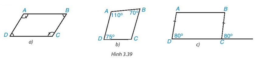 Trong các tứ giác ở Hình 3.39, tứ giác nào là hình bình hành? Vì sao? (ảnh 1)