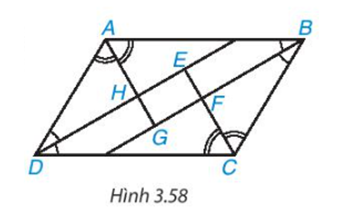 Cho hình bình hành ABCD. Các tia phân giác của góc A, B, C, D cắt nhau như trên Hình (ảnh 1)