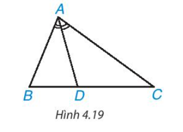 Trong H.4.19, AD là đường phân giác của tam giác ABC. Hai tỉ số DB/ DC và AB/AC có bằng nhau không? (ảnh 1)