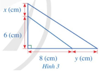 Bạn Hạnh dự định cắt một miếng bìa có dạng tam giác vuông với độ dài hai cạnh góc vuông lần lượt là 6 (cm), 8 (cm). Sau khi xem xét lại, bạn Hạnh quyết định tăng độ dài cạnh góc vuông 6 (cm) thêm x (cm) và tăng độ dài cạnh góc vuông 8 (cm) thêm y (cm) (Hình 3). Viết đa thức biểu thị diện tích phần tăng thêm của miếng bìa theo x và y.   (ảnh 1)
