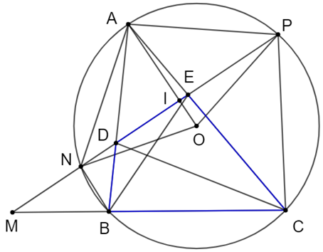 Cho đường tròn tâm O và BC là dây cung không đi qua tâm. Trên tia đối của tia BC lấy điểm M sao cho M không trùng với B. Đường thẳng đi qua M cắt đường tròn (O) đã cho tại N và P  (ảnh 1)