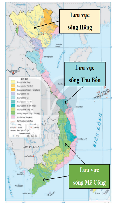 Đọc thông tin mục a và quan sát vào hình 6.1, hãy:  1/ Xác định phạm vi lưu vực của ba hệ thống sông: Hồng, Thu Bồn, Mê Công ở lãnh thổ Việt Nam trên bản đồ.  (ảnh 2)
