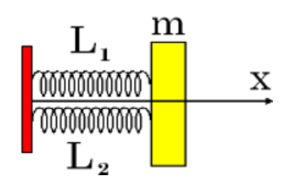 Một hệ gồm 2 lò xo L1, L2 có độ cứng k1= 60N/m, k2 = 40N/m một đầu gắn cố định, đầu còn lại gắn vào vật m có thể dao động điều hoà theo phương ngang như hình vẽ. Khi ở trạng thái cân bằng lò xo L1 bị nén 2 cm. Lực đàn hồi tác dụng vào m khi vật có li độ 1 cm là:   (ảnh 1)