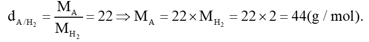 Khí A có tỉ khối đối với H2 là 22. a) Tính khối lượng mol khí A. (ảnh 1)