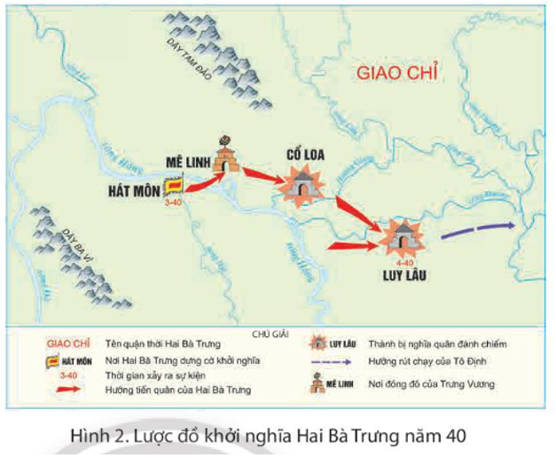 Quan sát hình 2, em hãy: - Xác định nơi Hai Bà Trưng dựng cờ khởi nghĩa. - Nêu thời gian Hai Bà Trưng khởi nghĩa. (ảnh 1)