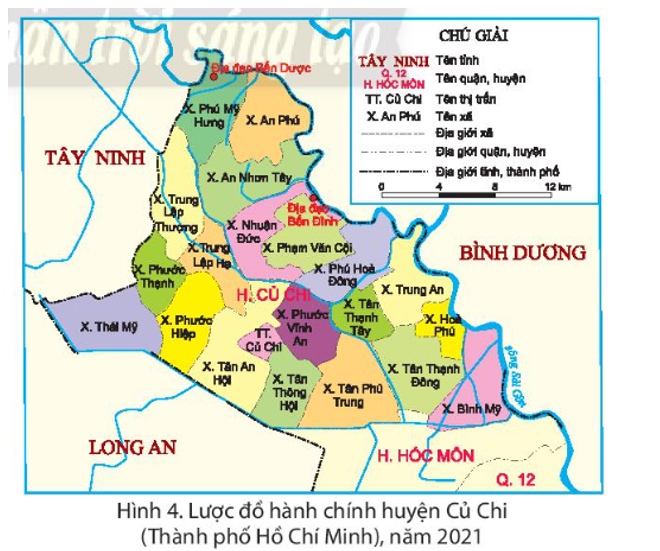 Quan sát hình 4, em hãy xác định vị trí của huyện Củ Chi và các xã có địa đạo. (ảnh 1)