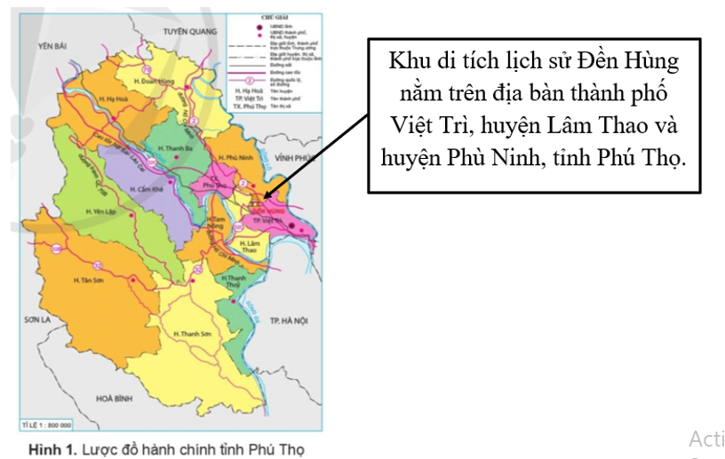 Đọc thông tin và quan sát hình 1, em hãy xác định vị trí của khu di tích Đền Hùng trên lược đồ. (ảnh 2)