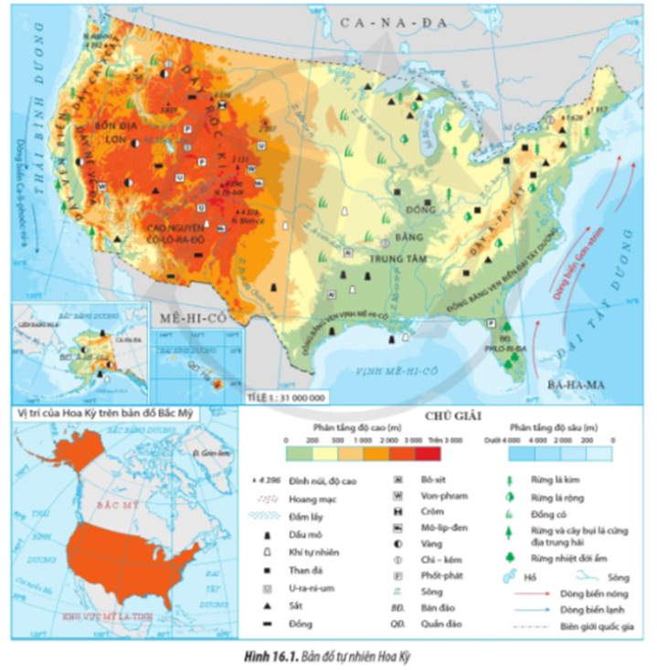Đọc thông tin và quan sát hình 16.1, hãy Trình bày đặc điểm vị trí địa lí của Hoa Kỳ (ảnh 1)
