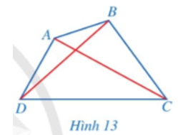 Quan sát tứ giác ABCD ở Hình 13 và đọc tên các cạnh, các đường chéo, các đỉnh, các góc của tứ giác đó. (ảnh 1)