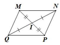 Cho hình bình hành MNPQ có các góc khác 90°, MP cắt NQ tại I. Khi đó  A. IM = IN.  B. IM = IP.  C. IM = IQ.  D. IM = MP. (ảnh 1)