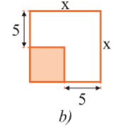 b) Một mảnh vườn hình vuông sau khi mở rộng mỗi cạnh 5 m thì được một mảnh vườn hình vuông với cạnh là x (m) như Hình 2b (ảnh 1)