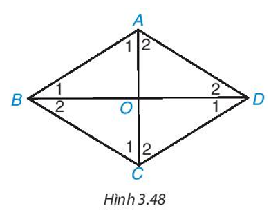 Cho hình thoi ABCD có hai đường chéo AC, BD cắt nhau tại O (H.3.48). a) tam giác ABD có cân tại A không? (ảnh 1)