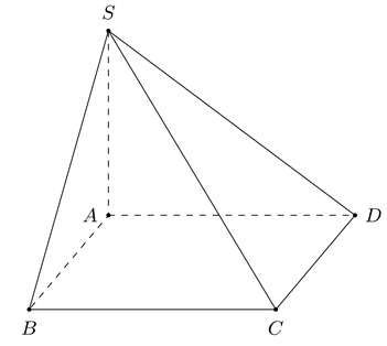 Cho hình chóp tứ giác S.ABCD có đáy ABCD là hình vuông cạnh 2a, cạnh bên SA vuông góc với mặt phẳng đáy và SA = 3 căn 2 a. Tính thể tích khối chóp S.ABCD (ảnh 1)