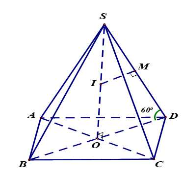 Cho hình chóp S.ABCD có đáy ABCD là hình chữ nhật, AB = 3, AD = 4 và các cạnh bên của hình chóp tạo với mặt đáy một góc 60o. Tính thể tích khối cầu ngoại tiếp hình chóp đã cho. (ảnh 1)