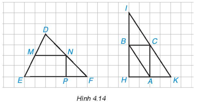 Em hãy chỉ ra các đường trung bình của tam giac DEF và tam giác IHK trong Hình 4.14. (ảnh 1)