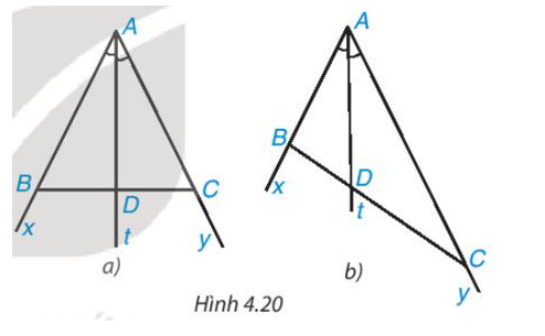 Cho tia phân giác At của góc xAy (H.4.20). Nếu lấy điểm B trên tia Ax, điểm C trên tia Ay (ảnh 1)