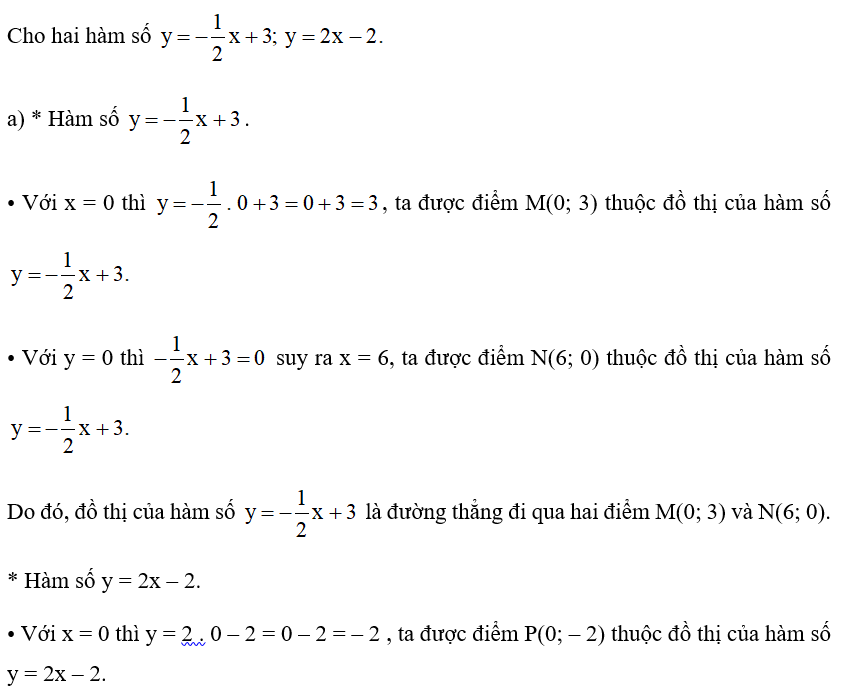 Cho hai hàm số  y = -1/2x +3, y = 2x -2 a) Vẽ đồ thị hai hàm số đó trên cùng một mặt phẳng tọa độ. (ảnh 1)