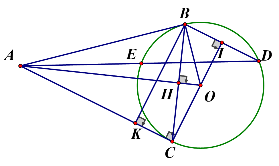 Cho đường tròn (O; R). Từ điểm A nằm ngoài đường tròn kẻ hai tiếp tuyến AB, AC với (ảnh 1)