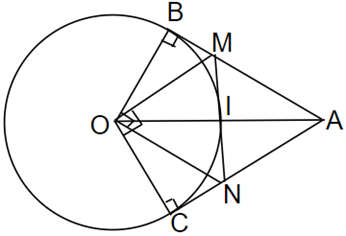 Cho đường tròn (O; R) và điểm A cách O một khoảng 2R. Từ A vẽ các tiếp tuyến AB, AC với đường tròn (B, C là các tiếp điểm). Đường thảng vuông góc với B tại O cắt AC tại N (ảnh 1)