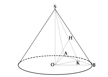Cho khối nón có đỉnh A, chiều cao bằng 8 và thể tích bằng 800bi/ 3 . Gọi A và B là hai điểm thuộc đường tròn đáy sao cho AB=12, (ảnh 1)