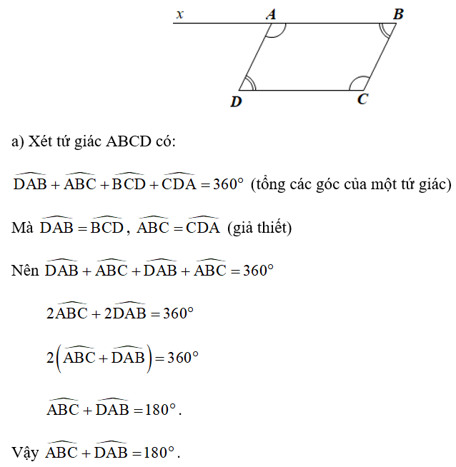 Cho tứ giác ABCD có góc DAB= BCD, ABC = CDA . Kẻ tia Ax là tia đối của tia AB. Chứng minh: (ảnh 1)