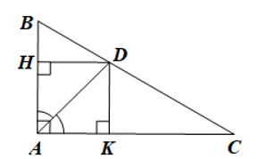 Cho tam giác ABC vuông tại A có đường phân giác AD. Gọi H, K lần lượt là hình chiếu của D trên AB, AC. Chứng minh tứ giác AHDK là hình vuông. (ảnh 1)