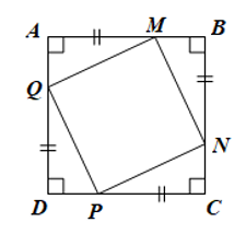 Cho hình vuông ABCD. Trên các cạnh AB, BC, CD, DA lần lượt lấy các điểm M, N, P, Q sao cho AM = BN = CP = DQ < AB. Chứng minh tứ giác MNPQ là hình vuông.  (ảnh 1)