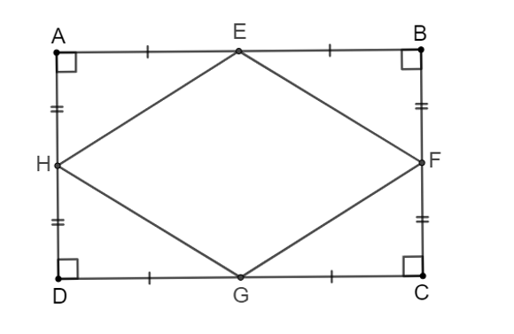 Chứng minh rằng các trung điểm của bốn cạnh trong một hình chữ nhật là các đỉnh của một hình thoi. (ảnh 1)