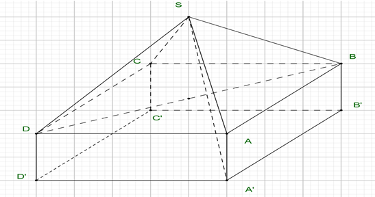 Cho khối đa diện (minh họa như hình vẽ bên) trong đó ABCD.A'B'C'D' là khối hộp chữ nhật với AB = AD = 2a, AA' = a, S.ABCD là khối chóp có các cạnh bên bằng nhau (ảnh 1)