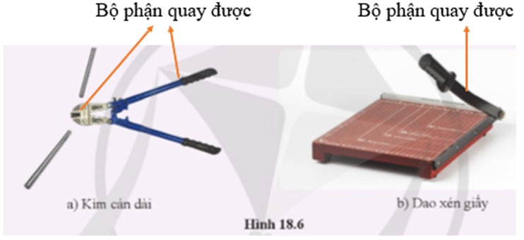 Hình 18.6 là ảnh chiếc kìm cán dài dùng để cắt sắt (hình 18.6 a) và dao xén giấy (hình 18.6b). Trong mỗi hình, nêu rõ bộ phận nào của dụng cụ sẽ quay được khi chịu lực tác dụng. (ảnh 2)
