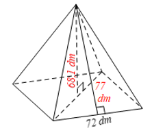 b) Tính diện tích toàn phần và thể tích của hình chóp tứ giác đều có độ dài cạnh đáy là 72 dm, chiều cao là 68,1 dm, chiều cao của mặt bên xuất phát từ đỉnh của (ảnh 1)