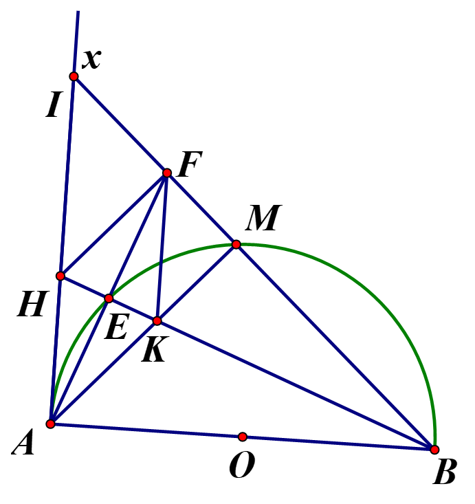 Cho nửa đường tròn tâm O đường kính  và điểm M bất kỳ trên nửa đường tròn  (ảnh 1)