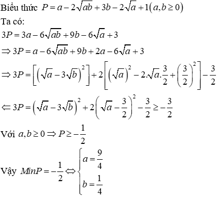 Tìm giá trị nhỏ nhất của biểu thức P = a - 2 căn bậc hai ab + 3b - 2 căn bậc hai a + 1 (ảnh 2)