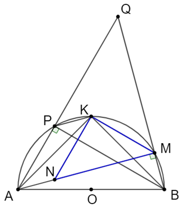 Cho nửa đường tròn (O) đường kính AB và K là điểm chính giữa cung AB. Trên cung KB lấy một điểm M (khác K; B). Trên tia AM lấy điểm N sao cho AN  BM.  (ảnh 1)