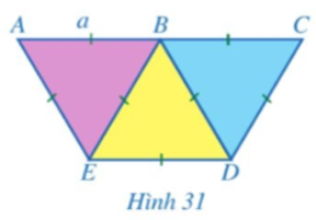 Người ta ghép ba hình tam giác đều có độ dài cạnh là a với vị trí như Hình 31.  a) Chứng minh ba điểm A, B, C thẳng hàng.  (ảnh 1)
