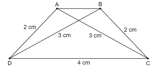 Vẽ hình thang cân ABCD (AB song song CD) biết đáy lớn CD dài 4 cm, cạnh bên dài 2 cm và đường chéo dài 3 cm. (ảnh 1)