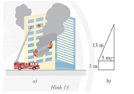 Cho biết thang của một xe cứu hoả có chiều dài 13 m, chân thang cách mặt đất 3 m và cách tường của toà nhà 5 m. Tính chiều cao mà thang có thể vươn tới.   (ảnh 1)