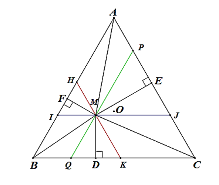 Cho tam giác ABC đều tâm O. M là điểm tùy ý trong tam giác. MD, ME, MF tương ứng vuông góc với BC, CA, AB. Chọn khẳng định đúng? (ảnh 1)
