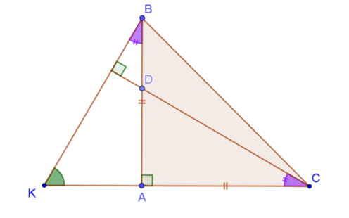 Cho tam giác ABC có góc A = 90 độ , AB = AC, điểm D thuộc cạnh AB. Đường thẳng qua B và vuông góc với CD cắt đường thẳng CA ở K. Chứng minh rằng AK = AD (ảnh 1)