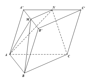 Cho khối lăng trụ ABC.A'B'C' có AB = 3a, AC = 4a, BC = 5a, khoảng cách giữa hai đường thẳng AB và B'C' bằng 2a. Gọi M, N lần lượt là trung điểm của A'B' và A'C' (tham khảo hình vẽ dưới đây). Thể tích V của khối chóp A.BCNM là (ảnh 2)