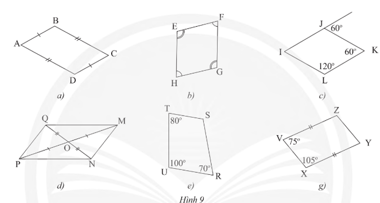 Trong các tứ giác ở Hình 9, tứ giác nào không là hình bình hành? (ảnh 1)