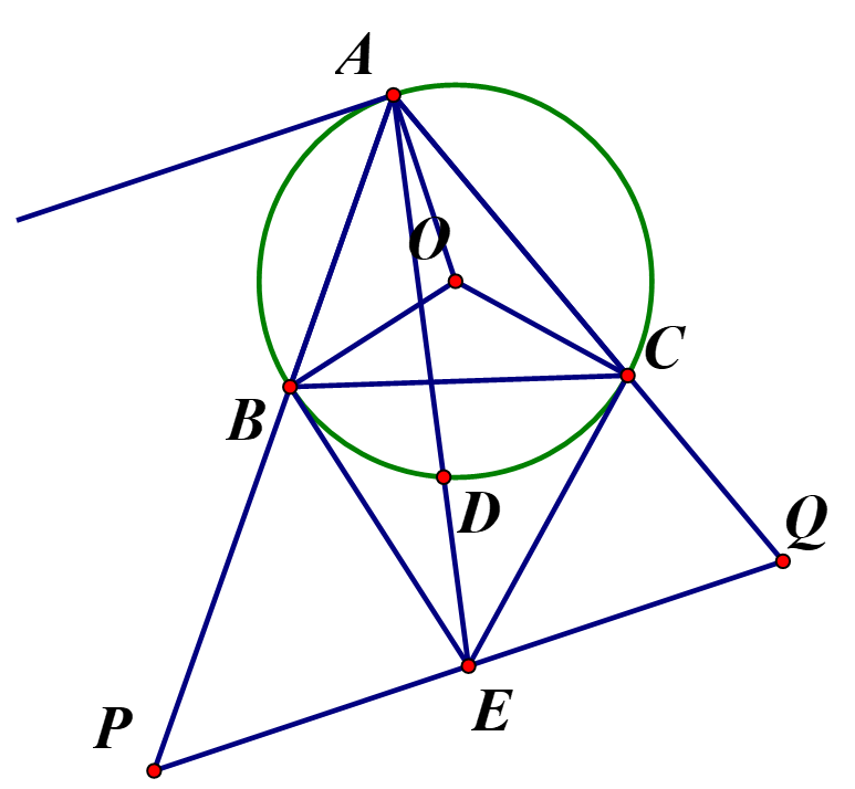Cho tam giác ABC nội tiếp đường tròn (O) ,các tiếp tuyến tại B, C với đường tròn (ảnh 1)