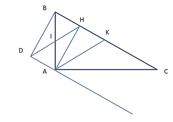 Cho ∆ABC vuông tại A, AB < AC, đường cao AH. Gọi I là trung điểm của AB. Lấy điểm K đối xứng với B qua H, qua A dựng đường thẳng song song với BC cắt HI tại D (ảnh 1)
