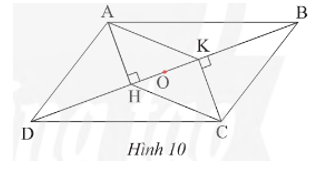 Quan sát Hình 10, cho biết ABCD và AKCH đều là hình bình hành. Chứng minh ba đoạn thẳng AC, BD và HK có cùng trung điểm O.  (ảnh 1)