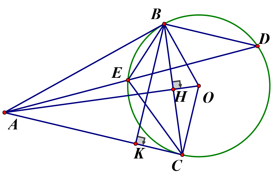 Cho đường tròn (O; R), từ điểm A nằm ngoài đường tròn kẻ hai tiếp tuyến AB, AC (ảnh 1)