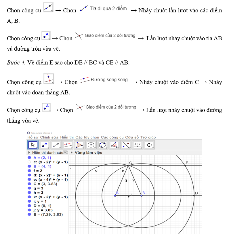 c) Tương tự, hãy vẽ hình thang cân ADEC có AD // EC, AD = 6 cm, CE = 4 cm, AC = DE = 3 cm. (ảnh 2)